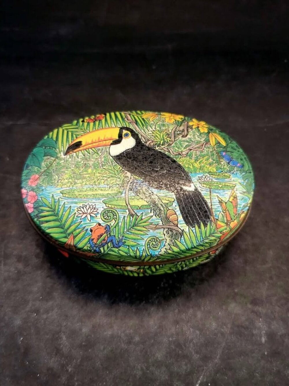 Decorative Tin Featuring A Toucan In A Lush Green Botanical Design